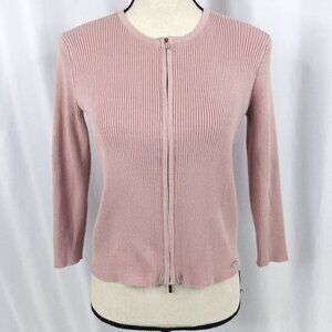 Tahari Cardigan Sweater Womens Size Medium Pink Double Full Zip Ribbed Crop